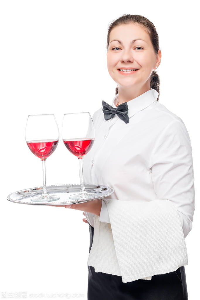 女服務(wù)生與酒精飲料托盤 餐飲服務(wù)中的專業(yè)肖像